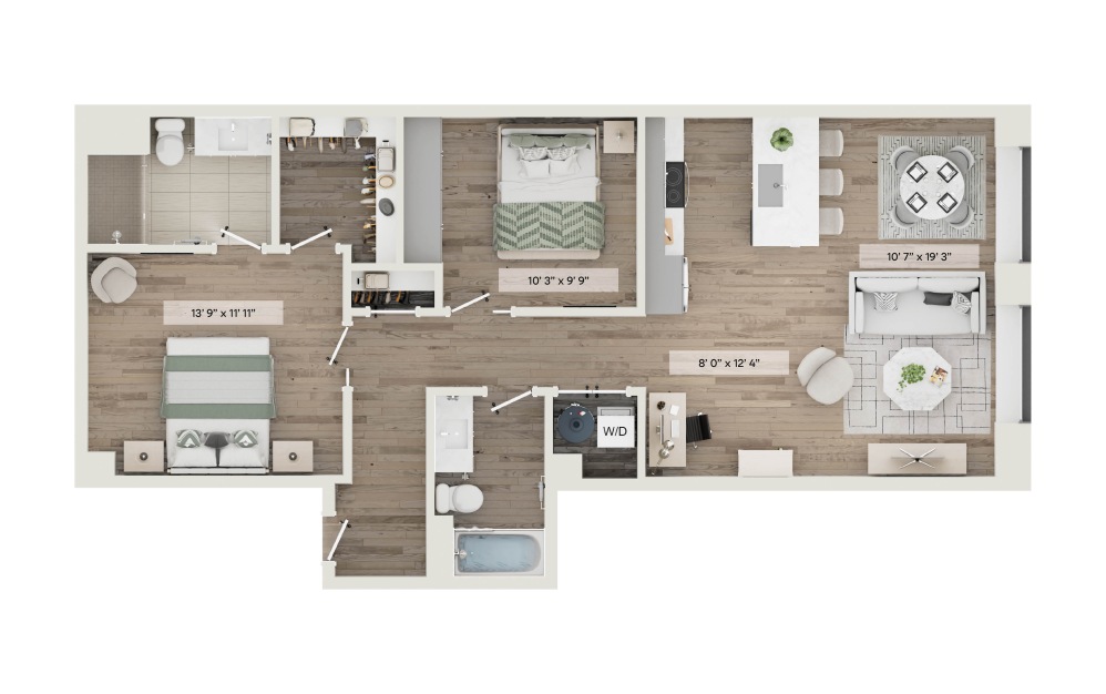 Unit C - 2 bedroom floorplan layout with 2 bathrooms and 1045 square feet