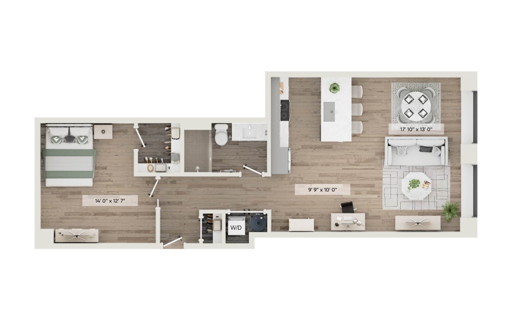 Unit D - 1 bedroom floorplan layout with 1 bathroom and 808 square feet