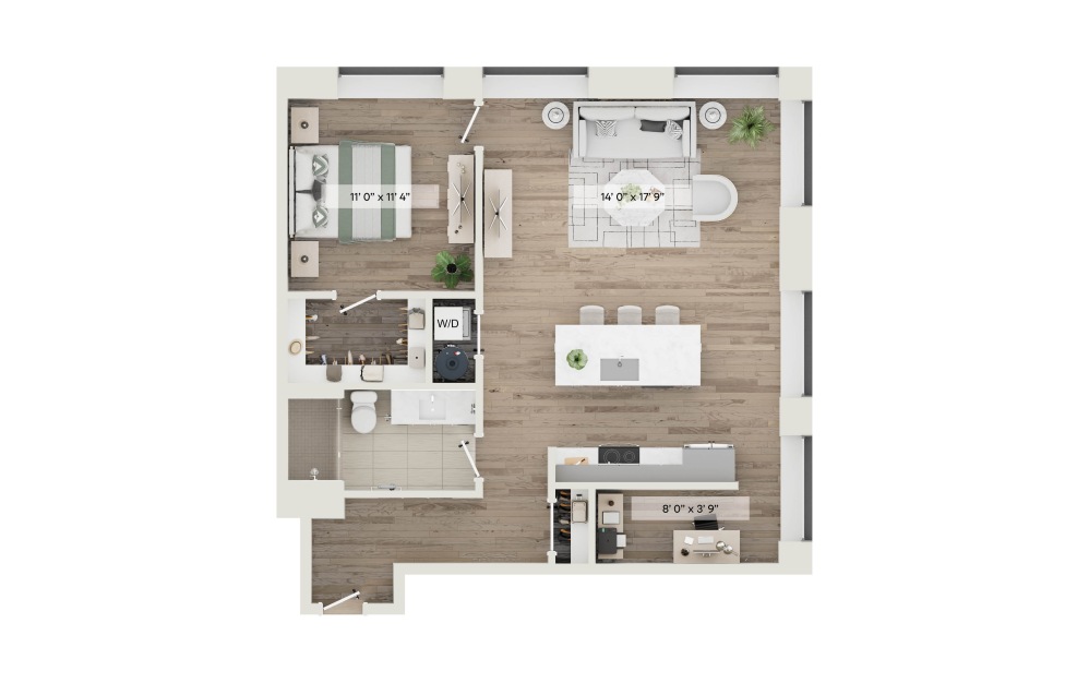 Unit E - 1 bedroom floorplan layout with 1 bathroom and 877 square feet