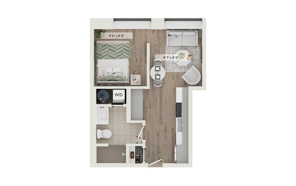 Unit F - Studio floorplan layout with 1 bathroom and 399 square feet