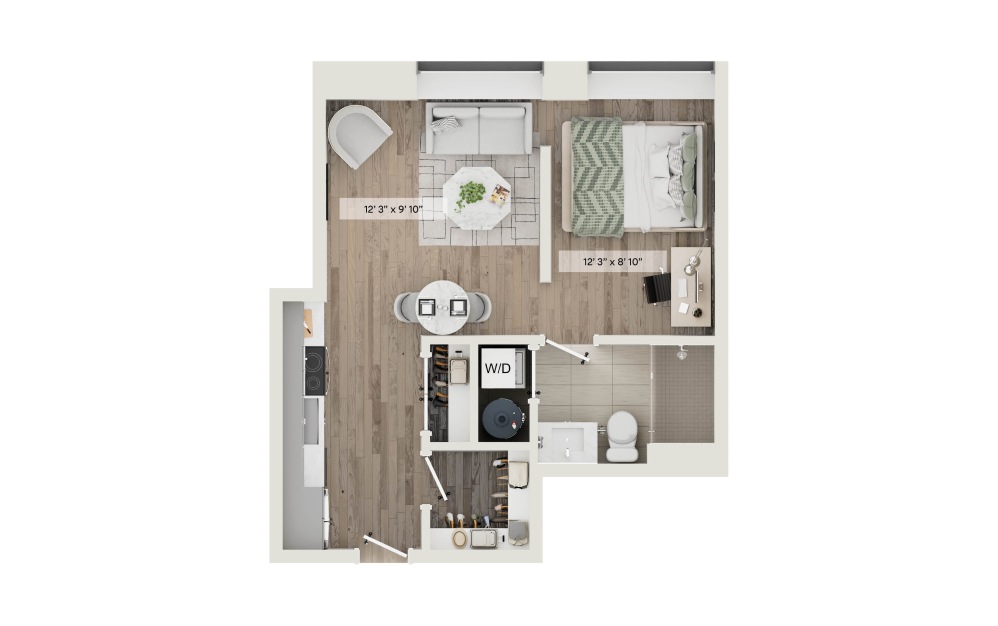 Unit G - Studio floorplan layout with 1 bathroom and 446 square feet