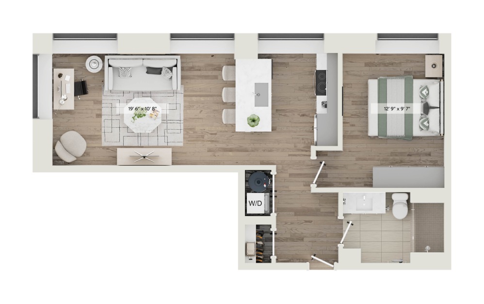 Unit H - 1 bedroom floorplan layout with 1 bathroom and 641 square feet
