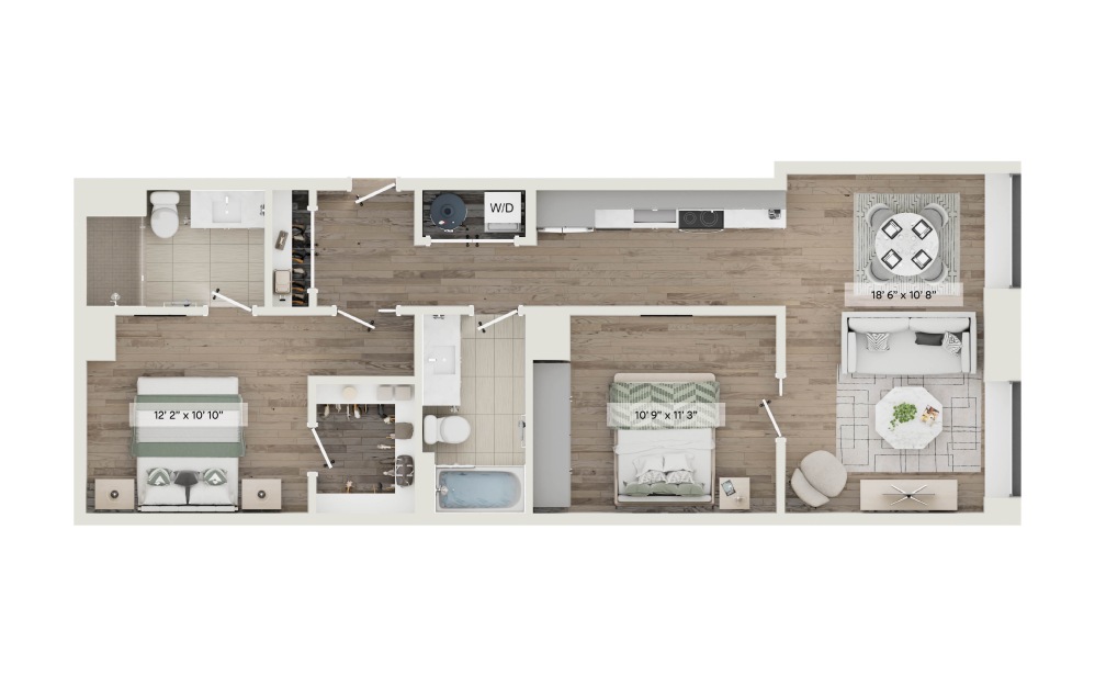 Unit K - 2 bedroom floorplan layout with 2 bathrooms and 902 square feet