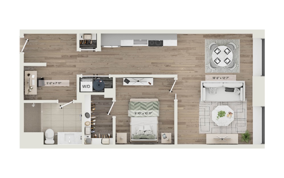 #0511 - 1 bedroom floorplan layout with 1 bathroom and 736 square feet