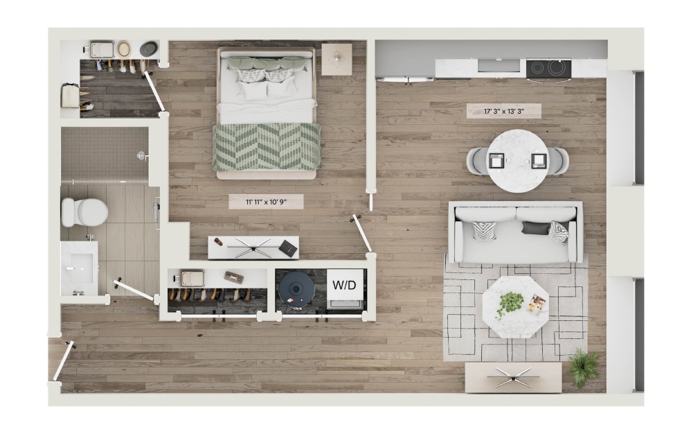 #1011 - 1 bedroom floorplan layout with 1 bathroom and 614 square feet