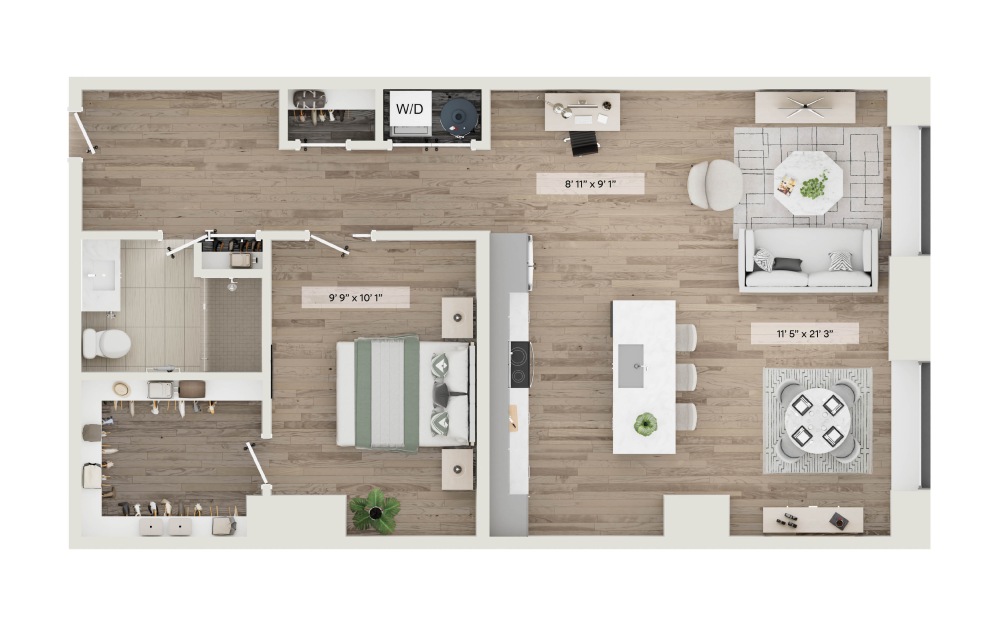 Unit O - 1 bedroom floorplan layout with 1 bathroom and 860 square feet