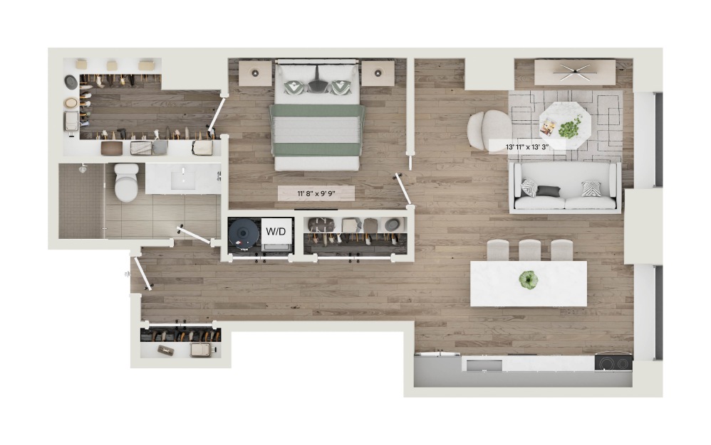 Unit P - 1 bedroom floorplan layout with 1 bathroom and 716 square feet