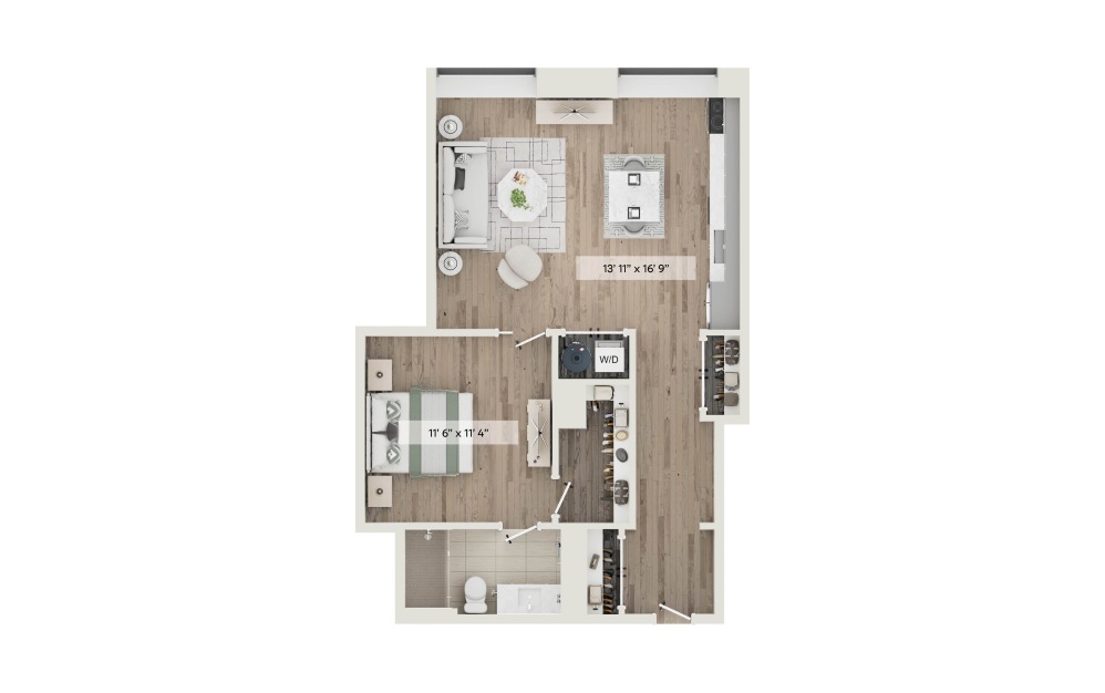 Unit Q - 1 bedroom floorplan layout with 1 bathroom and 676 square feet