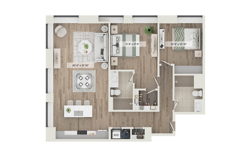 Unit R - 2 bedroom floorplan layout with 2 bathrooms and 1116 square feet