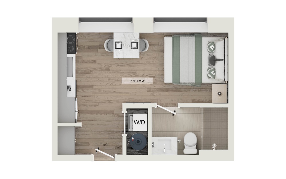 Unit U - Studio floorplan layout with 1 bathroom and 293 square feet