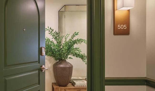 a green door with a plant in it